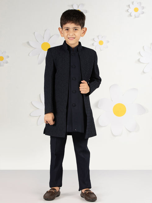 Boy's' Navy Blue Open Indowestern Set